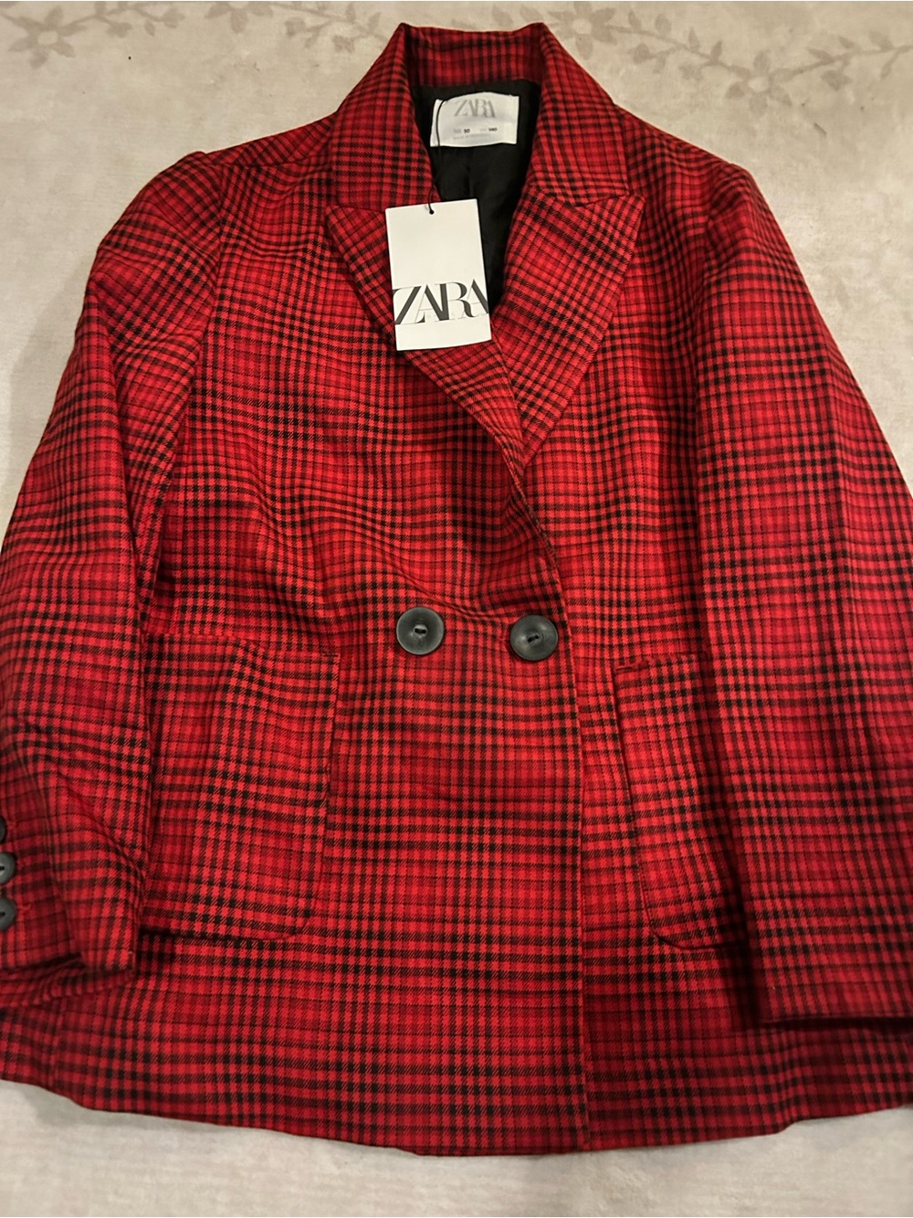 Zara Red and Black Checked Double-Breasted Blazer